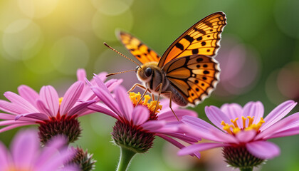 Colorful butterfly sipping nectar from pink flowers, spring garden planting