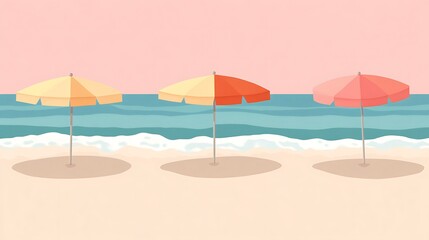Fototapeta premium Three Beach Umbrellas on Sandy Shore Near Ocean Waves