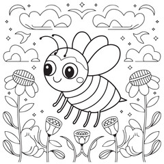 Cute kawaii cartoon character bee in the flower garden coloring page, vector printable worksheets for preschool.