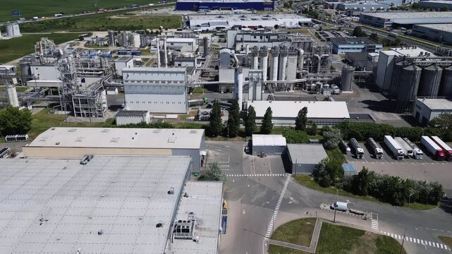 Aerial view of the pharmaceutical production plant. Chemical production facility. 4k footage
