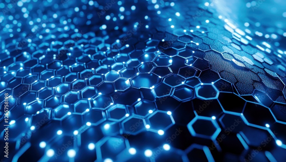 Poster abstract blue hexagonal pattern with glowing lights on dark background for technology and science th