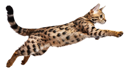 Savannah cat in a dashing jumping pose on a transparent background