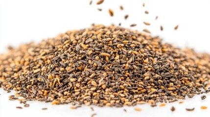 Closeup of Raw Mixed Seeds Scattering on White Background for Culinary Use