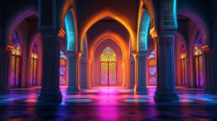 3D render of an Arabic themed product display background for advertisement featuring a moon stars and an Arabic lamp