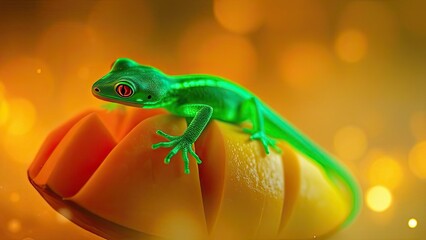 Fototapeta premium Vibrant Green Gecko on Ripe Mango Tropical Nature Closeup