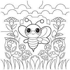 Cute kawaii cartoon character bee in the flower garden coloring page, vector printable worksheets for preschool.