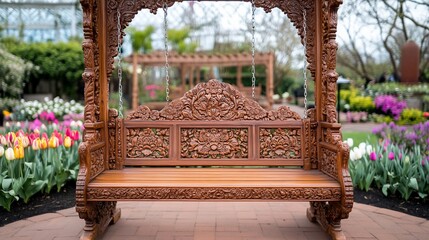 Ornate wooden swing bench in a garden setting