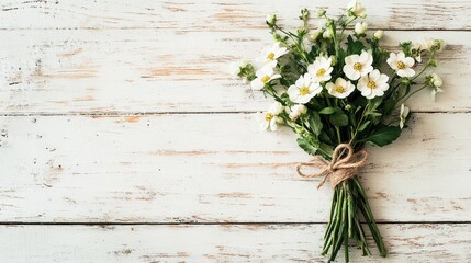 Fototapeta premium Bouquet Tied with Twine on Old White Wooden Table, Top View, Flat Lay, White Flowers and Green Leaves, Rustic Style, Free Space for Text or Design on Right Side, High-Resolution Photography.