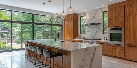 Obraz premium Modern kitchen design featuring marble countertops and natural light in a contemporary home with garden view