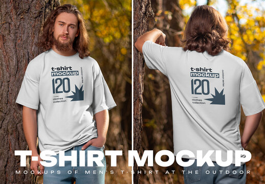 4 Mockups of Men's Oversize T-Shirt on the Forest