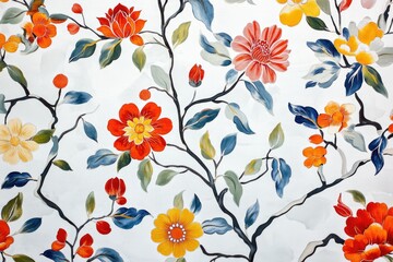 Close-up of a beautiful painting of flowers on a wall, great for decorative purposes