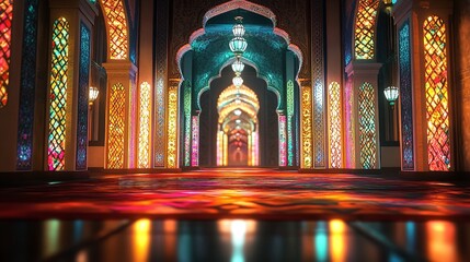 3D render of an Arabic themed product display background for advertisement featuring a moon stars and an Arabic lamp