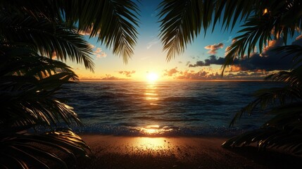 Tranquil Sunset Over Sea Framed by Lush Green Palm Leaves