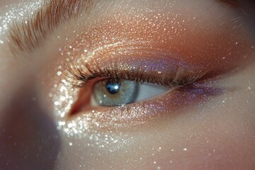 A close-up shot of an eye with glitter applied, ideal for use in beauty or creative compositions