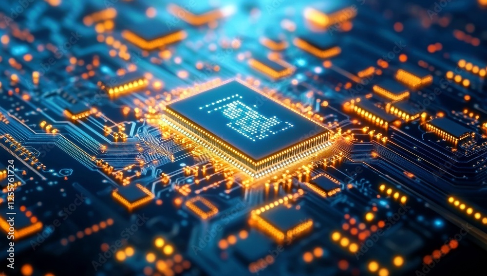 Poster high-tech circuit board with glowing microchip and modern electronic components for technology and i