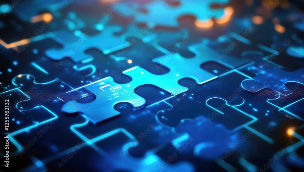 Poster abstract puzzle pieces with digital design and neon glow on a dark background representing innovatio