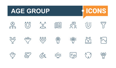 Age Group modern icons set. Contains such icons as female, lead, human, Generation, person, baby, rate, adult. Collection for mobile and web apps. Editable vector icon and illustration.