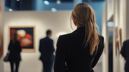 Obraz premium Contemplative woman admiring art at gallery exhibition modern artwork