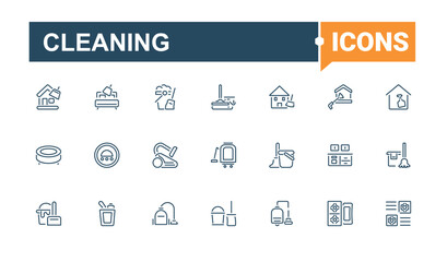 Cleaning minimal icon set. Featuring sanitary, cleaning, laundry, vacuum, mop, house, housework and more. Sign and Symbol. Vector outline icons collection.