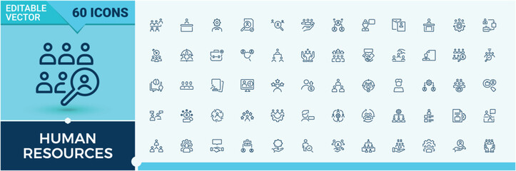 Human Resources line icon. Containing strategy, unity, employment, management, resource and more. Minimal icons. Editable vector stroke.