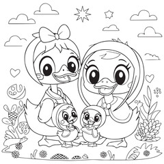 Cute kawaii duck family cartoon character coloring page vector illustration, Mothers day colouring page for kids