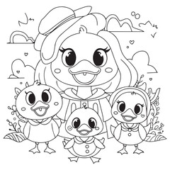 Cute kawaii duck family cartoon character coloring page vector illustration, Mothers day colouring page for kids