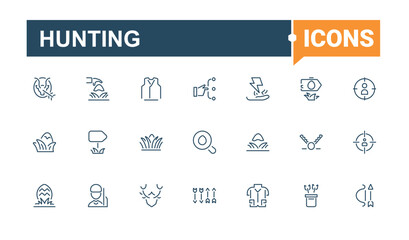 Set of Hunting line icons. Featuring sport, survival, tourism, tent, pack, dog, wild, box. Thin outline icons pack. Minimalist editable vector stroke.