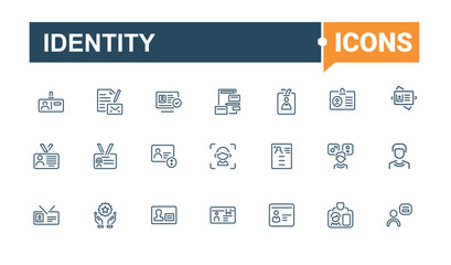 Identity modern icons set. It contains symbols to system, id, computer, security, privacy, scan, passport, digital. Simple line vector. Vector outline icons collection.