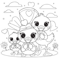 Cute kawaii duck family cartoon character coloring page vector illustration, Mothers day colouring page for kids