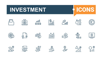 Investment collection. Icons strategy, finance, account, business, eco, exchange, liquid and more. Minimal linear icons. Editable stroke.