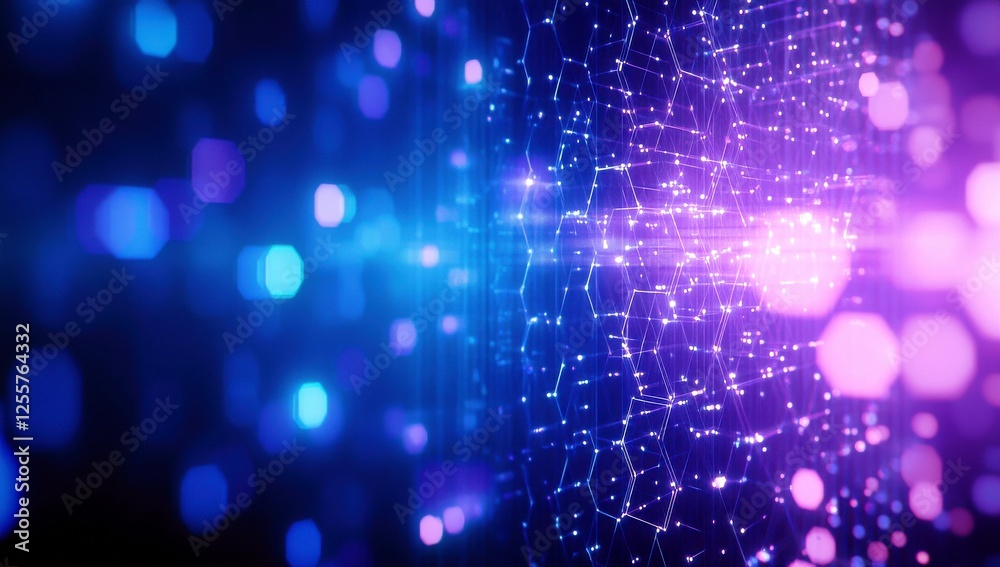 Poster abstract futuristic digital background with glowing hexagonal shapes and luminous particles creating