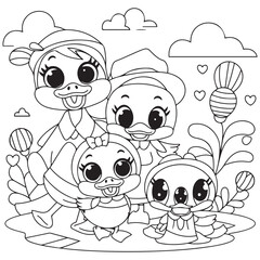 Cute kawaii duck family cartoon character coloring page vector illustration, Mothers day colouring page for kids