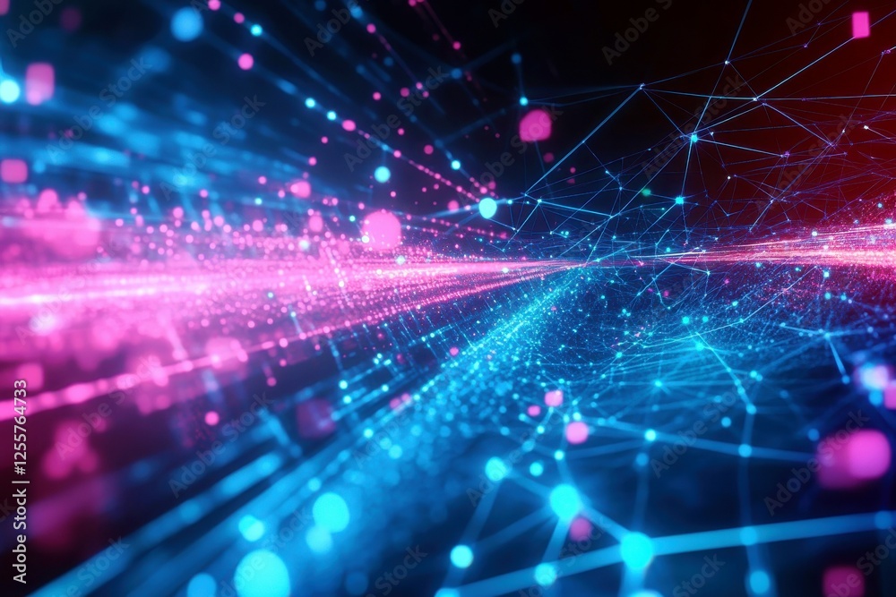 Poster abstract visualization of futuristic technology with bright colorful dots and lines representing con