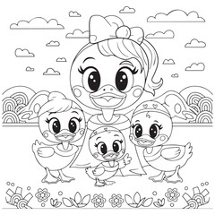 Cute kawaii duck family cartoon character coloring page vector illustration, Mothers day colouring page for kids