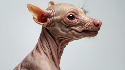 Sphynx cat curiously looking into the distance against a light background with copy space