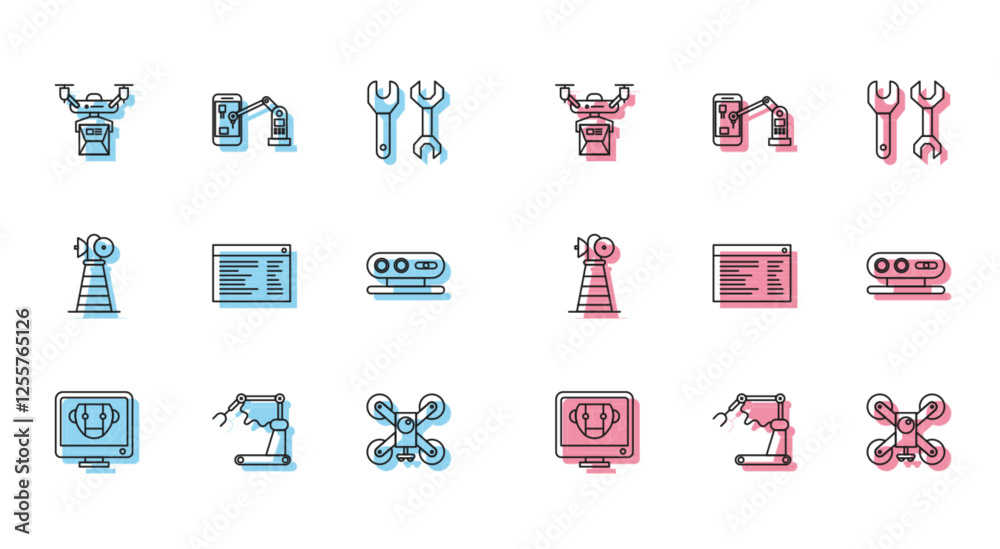 Poster set line bot, drone delivery concept, flying with action camera, software, web developer programming