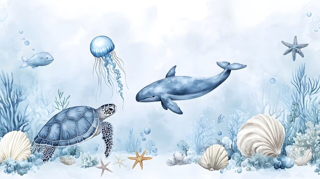 Watercolor painting depicts charming marine life in aquatic setting