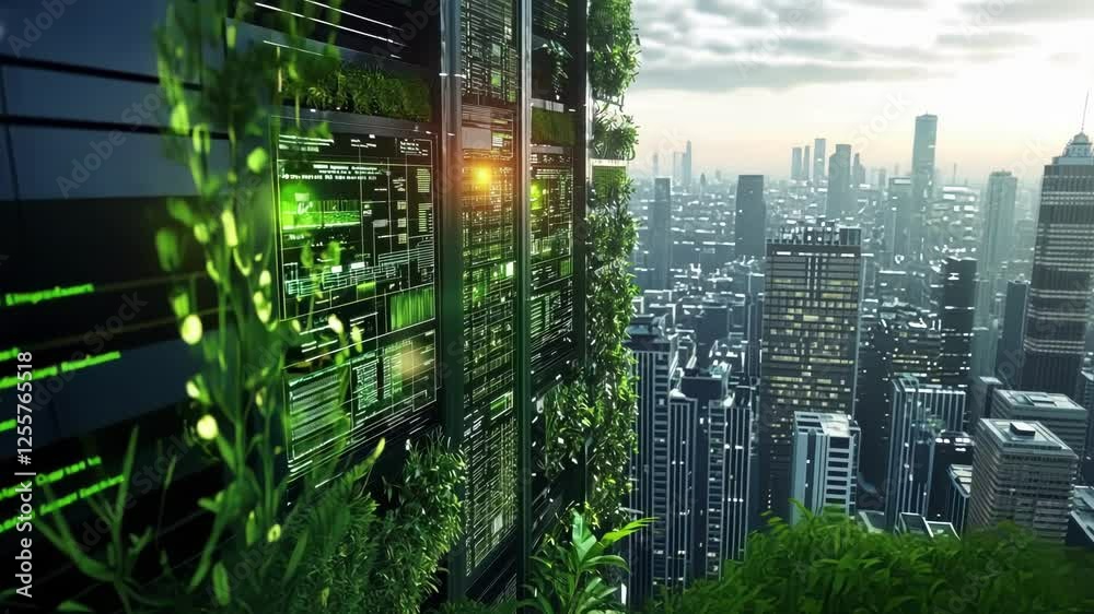 Poster futuristic green computing center with holographic digital screens displaying environmental data ana
