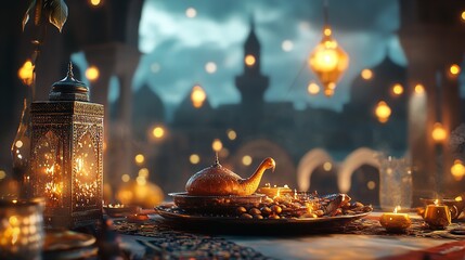 3D render of an Arabic themed product display background for advertisement featuring a moon stars and an Arabic lamp
