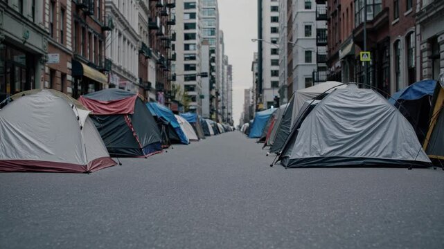 Slow Motion City Homeless Tents | Static Shot Fixed Camera Movement | Rows of Makeshift Shelters on Urban Streets | Harsh Reality of Homelessness | Wind Gently Moving Fabric | Gritty and Emotional