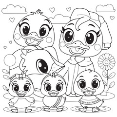 Cute kawaii duck family cartoon character coloring page vector illustration, Mothers day colouring page for kids