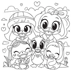 Cute kawaii duck family cartoon character coloring page vector illustration, Mothers day colouring page for kids
