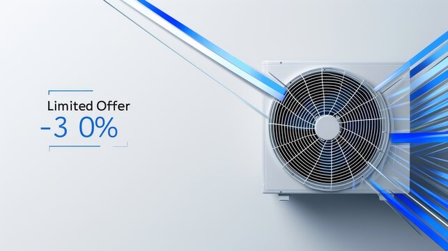 Top view of a modern air conditioning outdoor unit with vibrant blue streaks and a promotional discount offer. Perfect for marketing or energy-saving themes. AI generated.