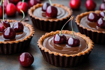 Delicious pastries filled with creamy chocolate and topped with juicy cherries