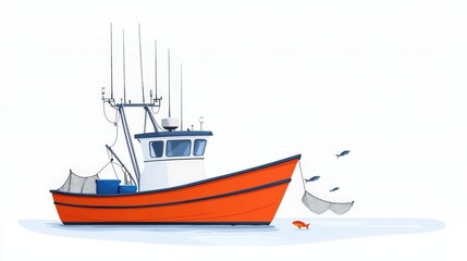 Fototapeta premium Vibrant Fishing Boat Illustration with Nets and Fish in a Calm Blue Ocean Environment