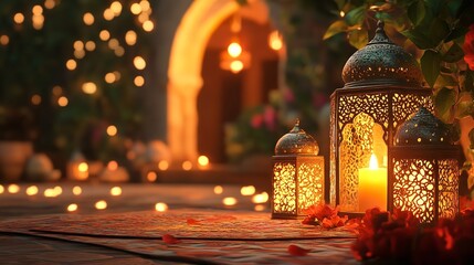 3D render of an Arabic themed product display background for advertisement featuring a moon stars and an Arabic lamp