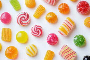 Top view various type candy isolated on white background, Selective focus varies of sweet with candy and jelly on white background.
