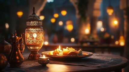 3D render of an Arabic themed product display background for advertisement featuring a moon stars and an Arabic lamp