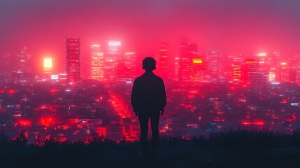 Silhouette Figure Observing A Red Cityscape At Night