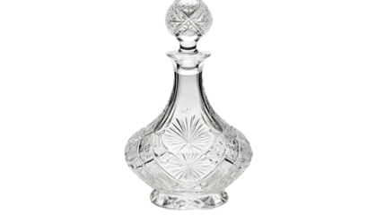 Elegant crystal decanter with stopper, featuring intricate design and clear glass png